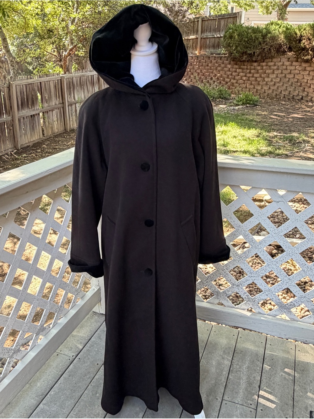Forecaster of Boston Vintage 90’s Maxi Trench Coat 6 USA Wool Velvet Hood Black - Picture 2 of 15